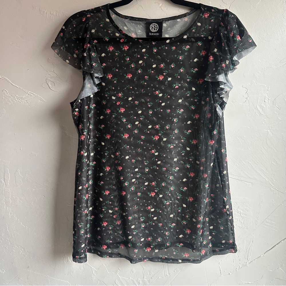 Bobeau Black Sheer Mesh Ruffle Sleeve Top Ditsy Floral Cottagecore Grunge‎ Sz M